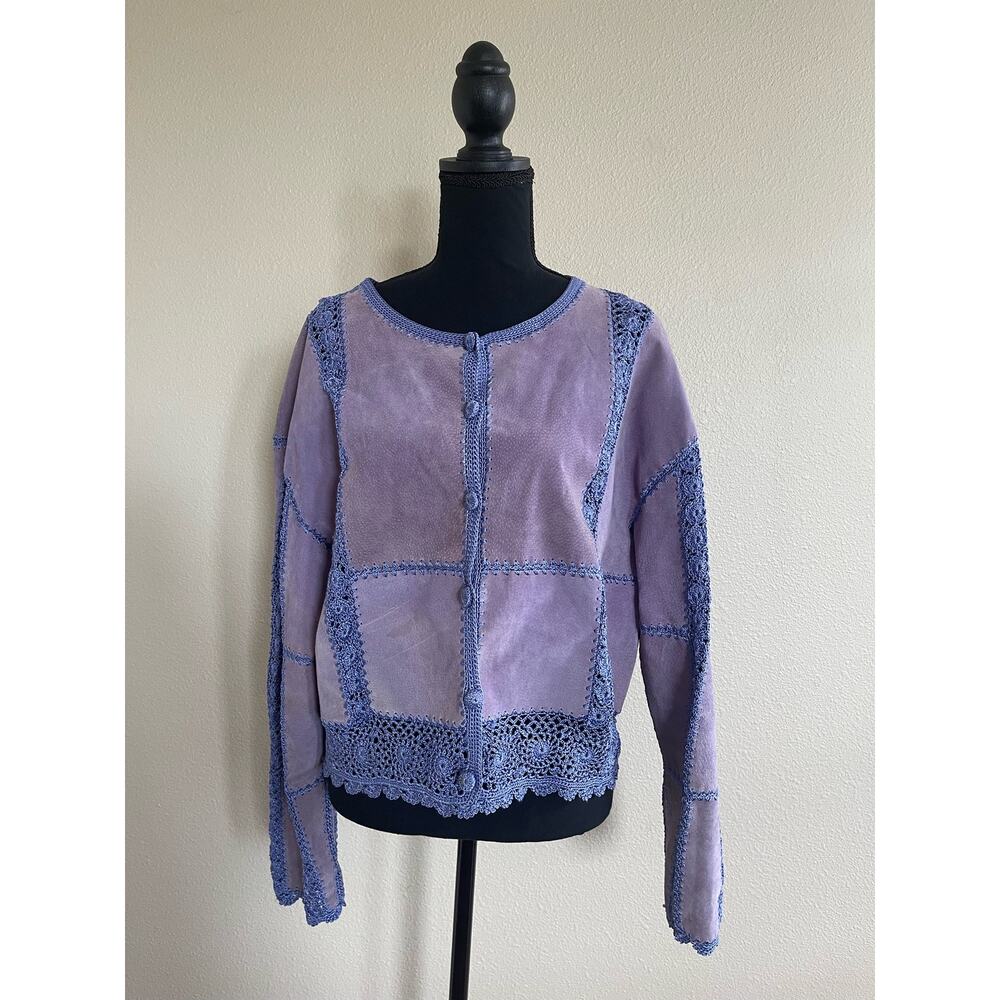 VNTG S.M.H Leather Purple Patchwork Floral Crochet Knit Button Up Jacket Sz XL - Picture 3 of 10